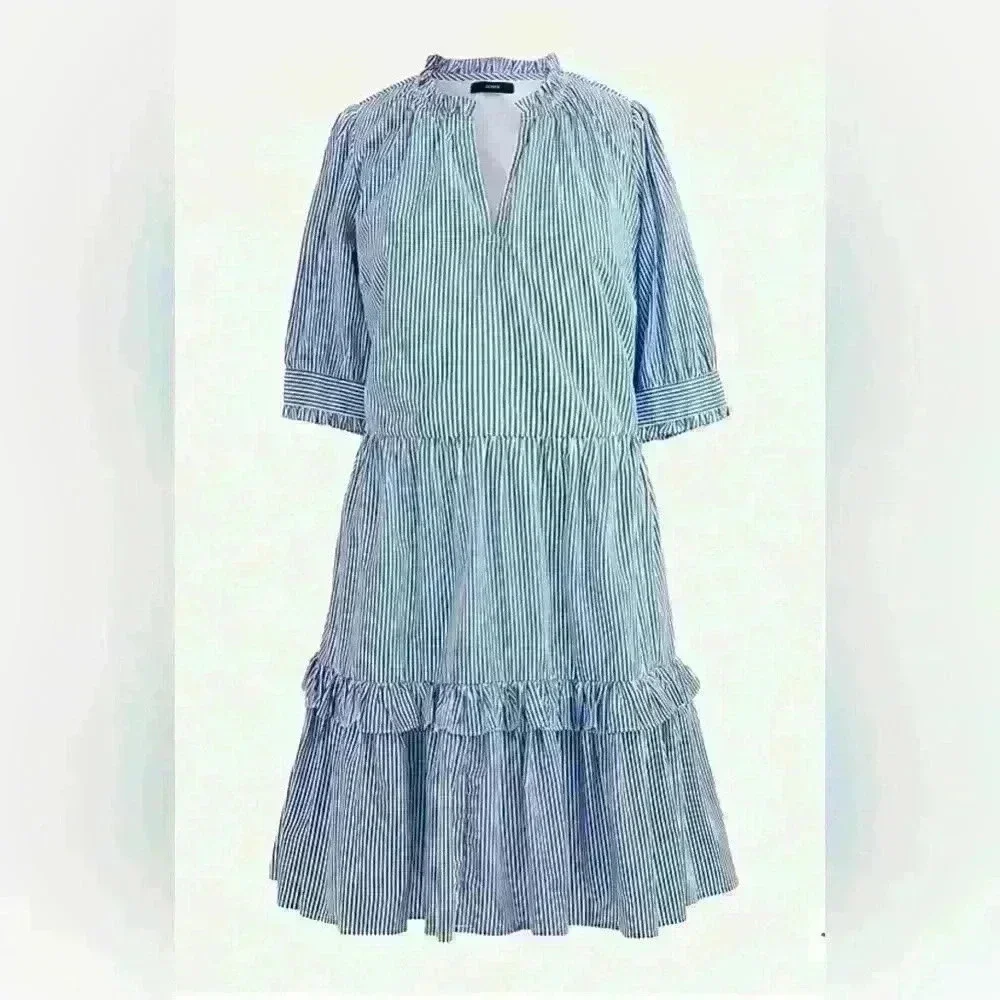 J. Crew Stripe Ruffleneck Tiered Popover Dress Size Medium Petite